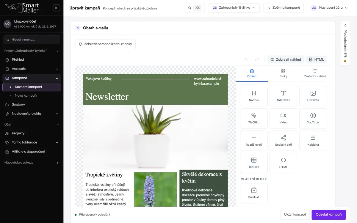 Mail Builder v editoru kampaně: e-mail poskládáte z hotových bloků a hned vidíte výsledek